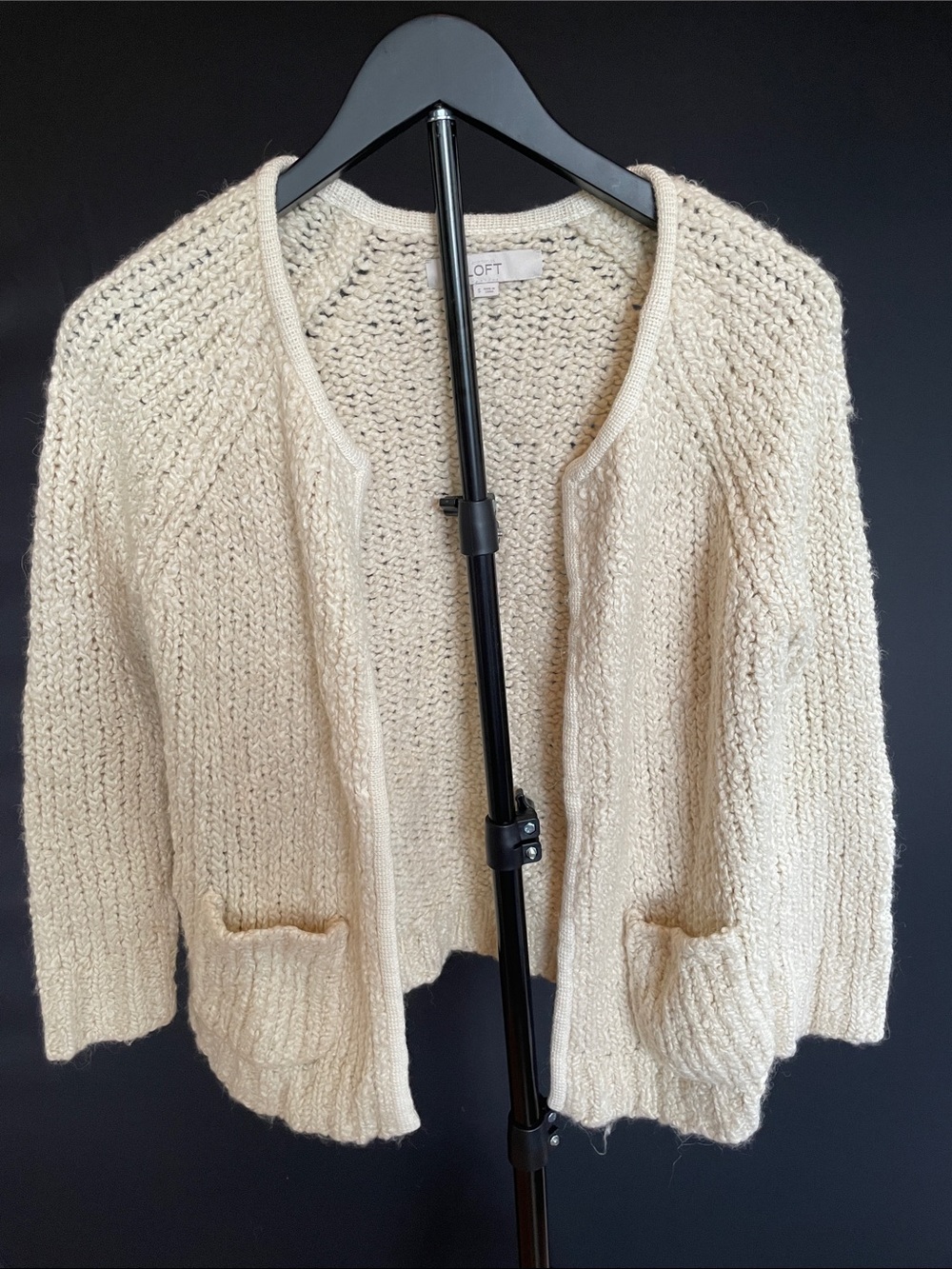 LOFT Cream Boucle Cardigan Size M Open Front Patch Pockets Textured Knit